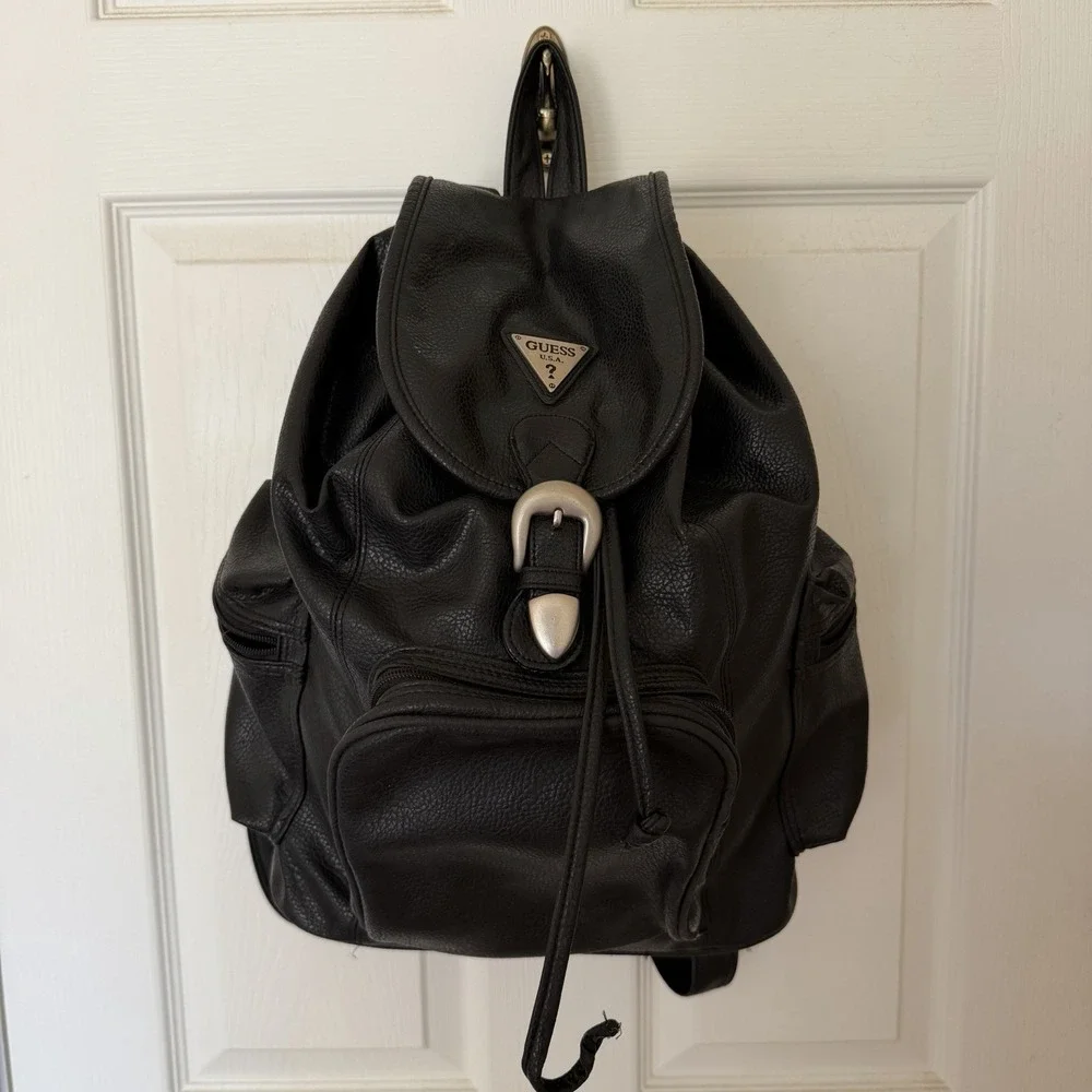 Guess 90s Drawstring Backpack Black Leather Bag Silver Buckle Grunge Retro VTG